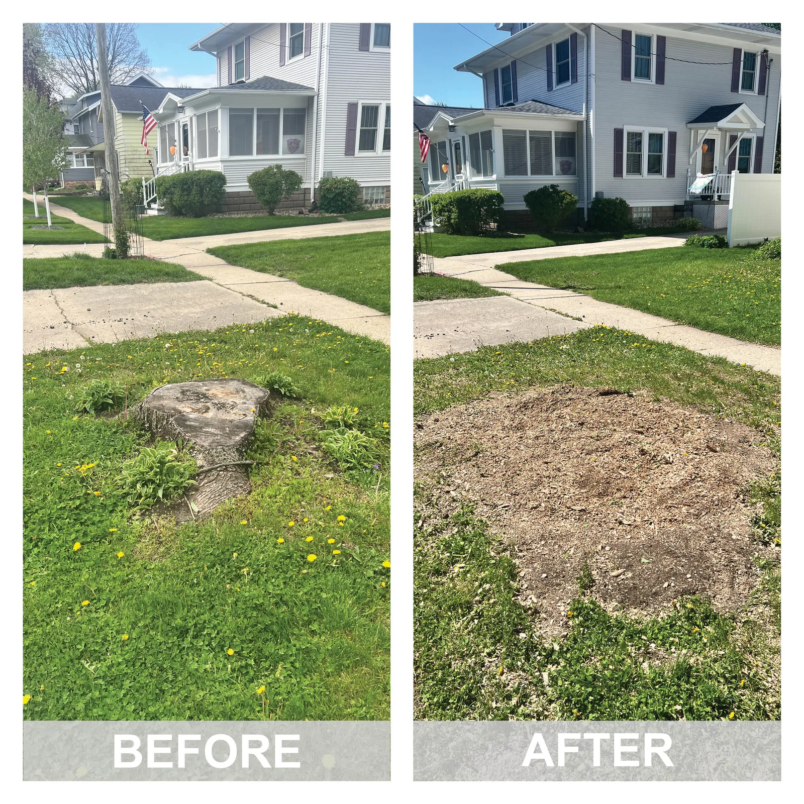 Before and after: a tree stump in an Iowa yard, then level ground with the wood chips raked out