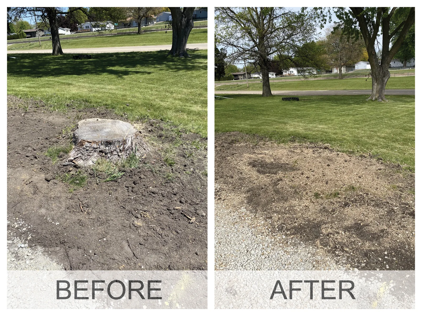 Before and after: a tree stump in an Iowa yard, then level ground with the wood chips raked out